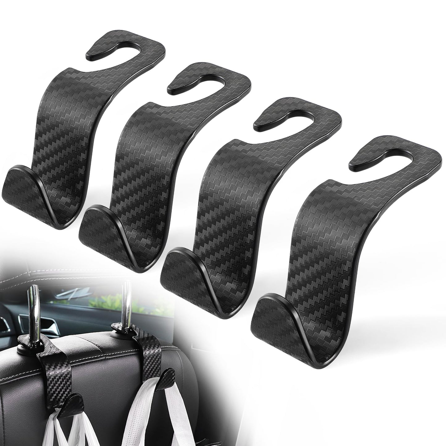LivTee Car Purse Hook, 4 Pack Universal Auto Seat Headrest Hook Hangers Organizer for Coats, Umbrellas, Groceries - Carbon Fiber Black
