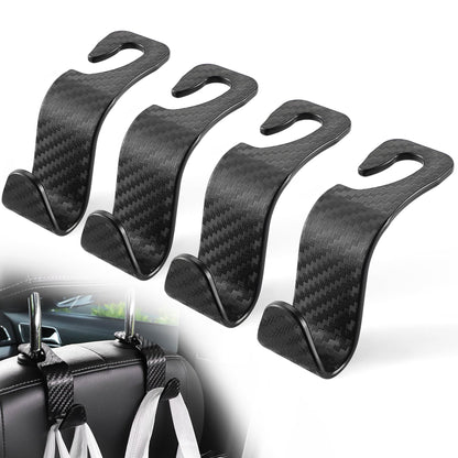 LivTee Car Purse Hook, 4 Pack Universal Auto Seat Headrest Hook Hangers Organizer for Coats, Umbrellas, Groceries - Carbon Fiber Black