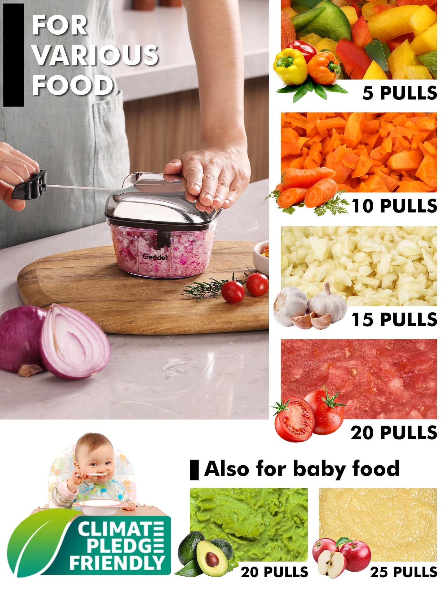 Manual Food Processor Vegetable Cutter, Geedel Pull Chopper with String, Food Chopper Vegetable Cutter for Veggies, Fruits, Salad, Onion, Ginger, Nuts.