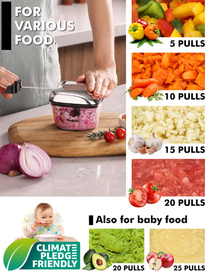 Manual Food Processor Vegetable Cutter, Geedel Pull Chopper with String, Food Chopper Vegetable Cutter for Veggies, Fruits, Salad, Onion, Ginger, Nuts.