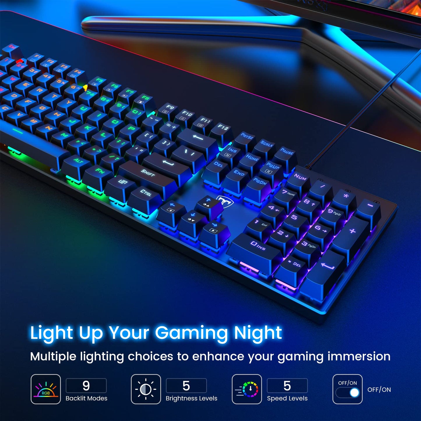 RisoPhy Mechanical Gaming Keyboard, RGB 104 Keys Ultra-Slim LED Backlit USB Wired Keyboard with Blue Switch, Durable Abs Keycaps/Anti-Ghosting/Spill-Resistant Computer Keyboard for PC Mac Xbox Gamer