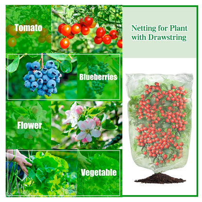 Insect Bird Barrier Mesh, Garden Netting Barrier, Bird Netting, Netting for Plant with Drawstring, 3.5 x 4.6 FT Tomato Protective Cover, Large Potted Fruit Protectors Cover for Blueberry Bushes