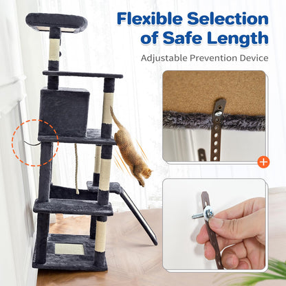 ABCPET Cat Tree Tower 63in Multi-Level Cat Tower for Indoor Cats with Sisal Scratching Posts, Condo, Hammock, Dangling Ball and Extended Platform for Cats to Play, Dark Grey
