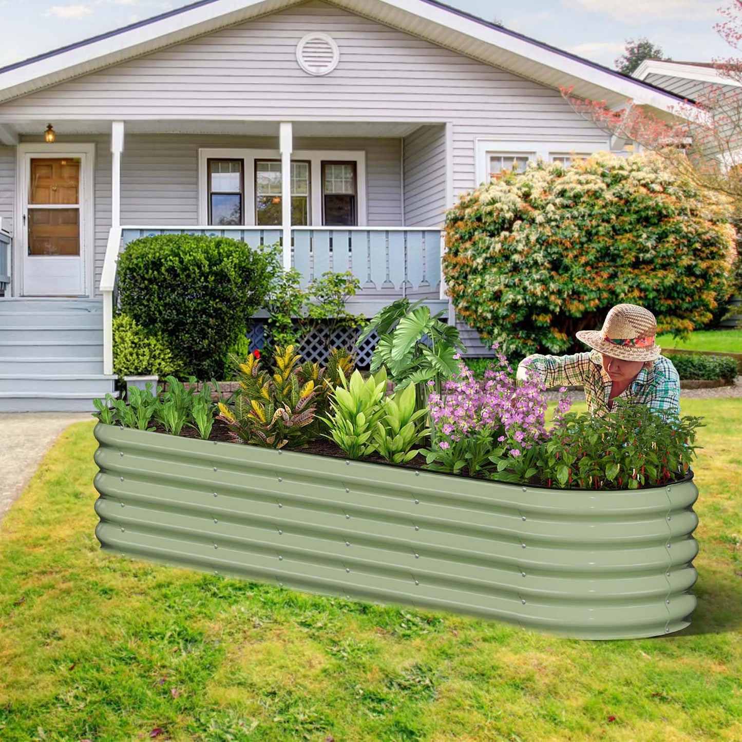 Kesfitt Galvanized Raised Garden Bed Kit,18" Tall 7-in-1 Outdoor Metal Planter Boxes with Safety Edging,8×2×1.5FT Modular Large Steel Raised Beds for Gardening Vegetables Fruits Flower