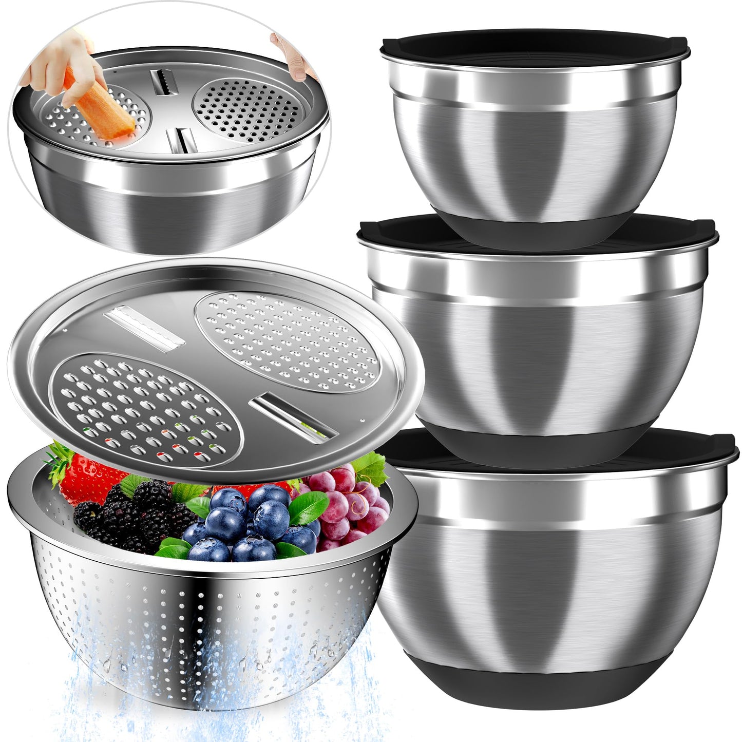 Mixing Bowls with Airtight Lids, Stainless Steel Mixing Bowl Set with 3 Metal Nesting Bowls, Colander & Grater, Non-Slip Bottoms, Size 1.5, 2.5, 5 QT, Great for Mixing & Serving, Black