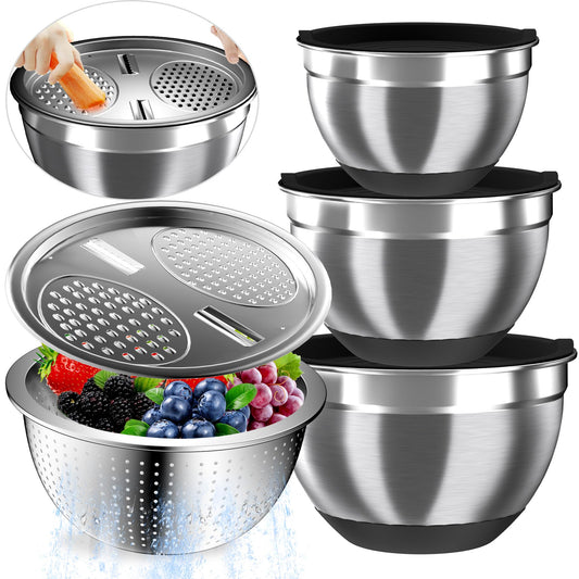 Mixing Bowls with Airtight Lids, Stainless Steel Mixing Bowl Set with 3 Metal Nesting Bowls, Colander & Grater, Non-Slip Bottoms, Size 1.5, 2.5, 5 QT, Great for Mixing & Serving, Black