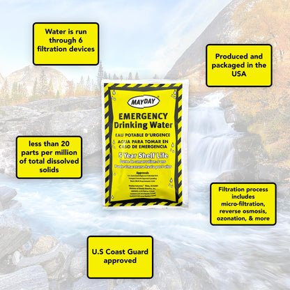 Mayday Pouch Water, Coast Guard Emergency Water, 5-Year Shelf LIfe, Disaster Preparedness Supplies for, Earthquake, Fire, Flood, Leak-Proof Pouches, 4.225 Oz/125Ml 50 Pack
