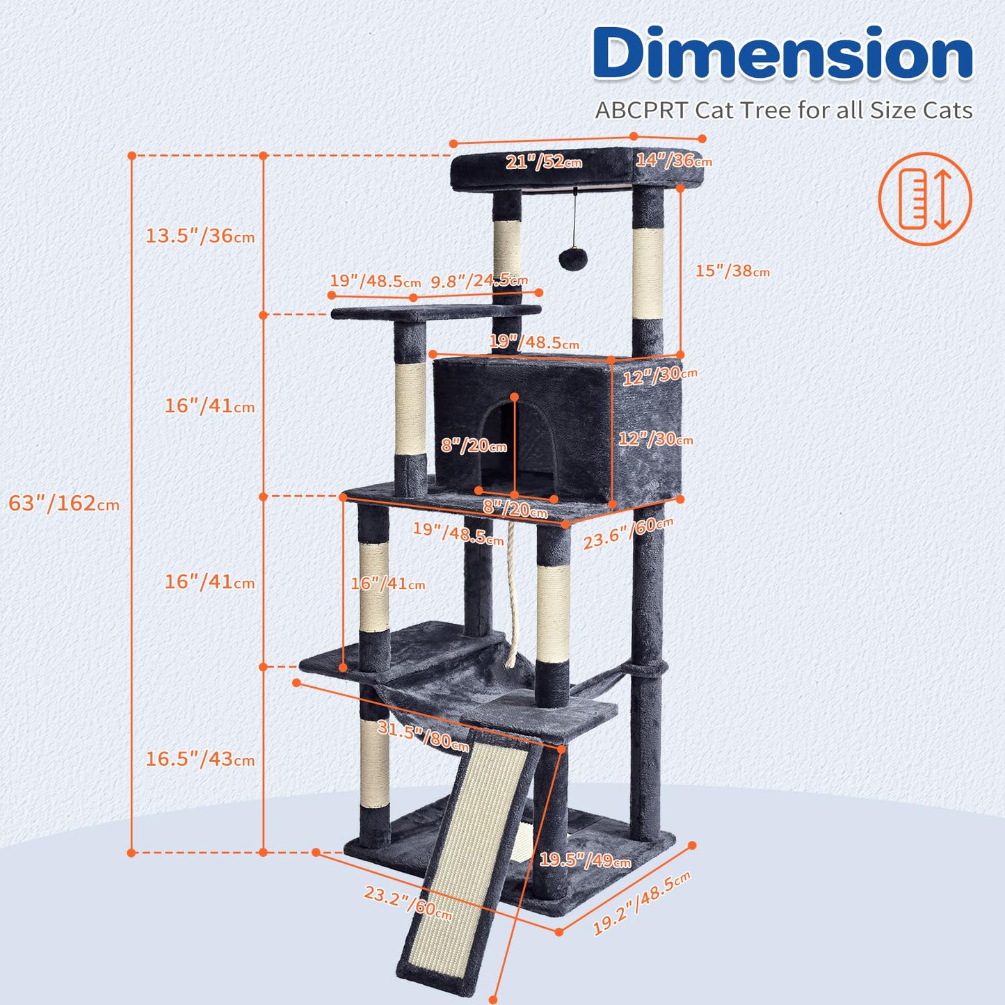 ABCPET Cat Tree Tower 63in Multi-Level Cat Tower for Indoor Cats with Sisal Scratching Posts, Condo, Hammock, Dangling Ball and Extended Platform for Cats to Play, Dark Grey