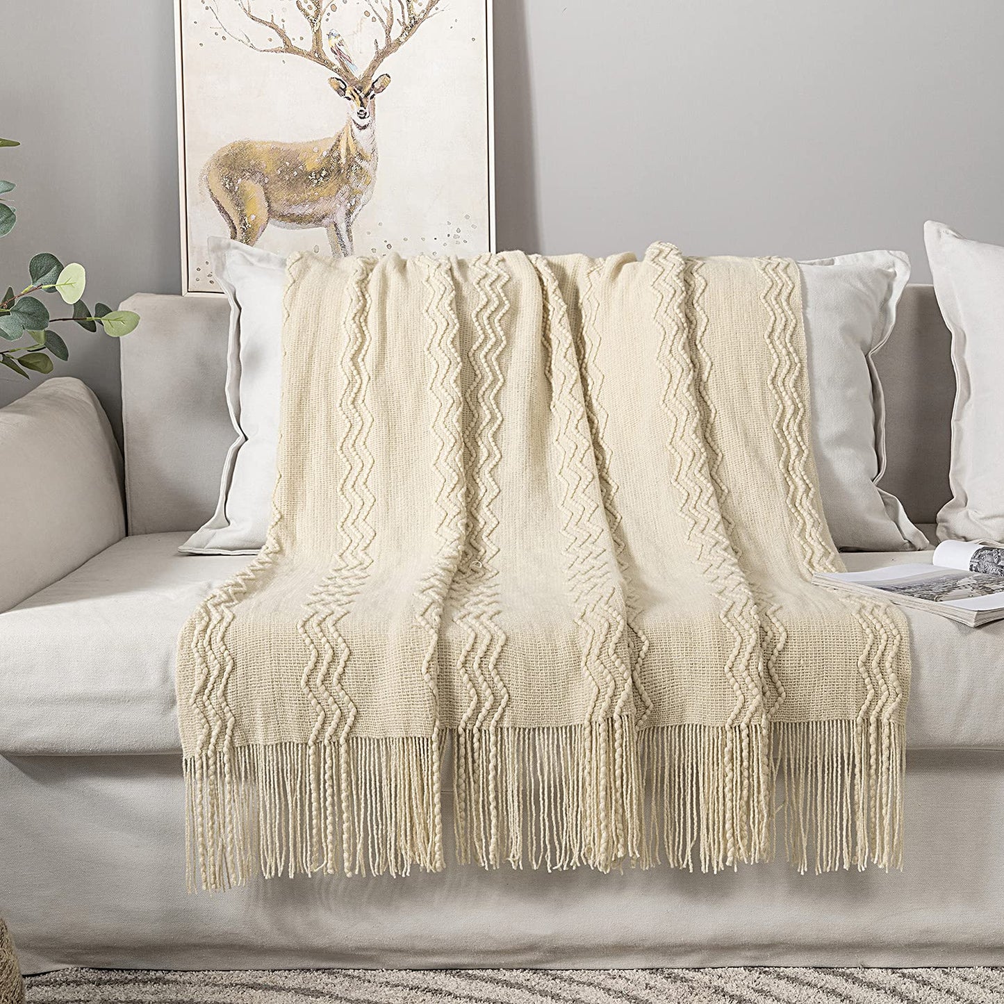 MIULEE Knitted Beige Throw Blanket Soft Sofa Knit Blanket for Couch 50 x 60 Inches, Solid Cozy Lightweight Wave Pattern Decorative Blankets with Tassels for Women, Kids and Babys