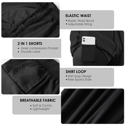 NIMOJIRO Men's 2 in 1 Running Shorts Workout Athletic Shorts Outdoor Sports with Liner Lightweight Training Yoga Gym Shorts with Phone Pockets Black L