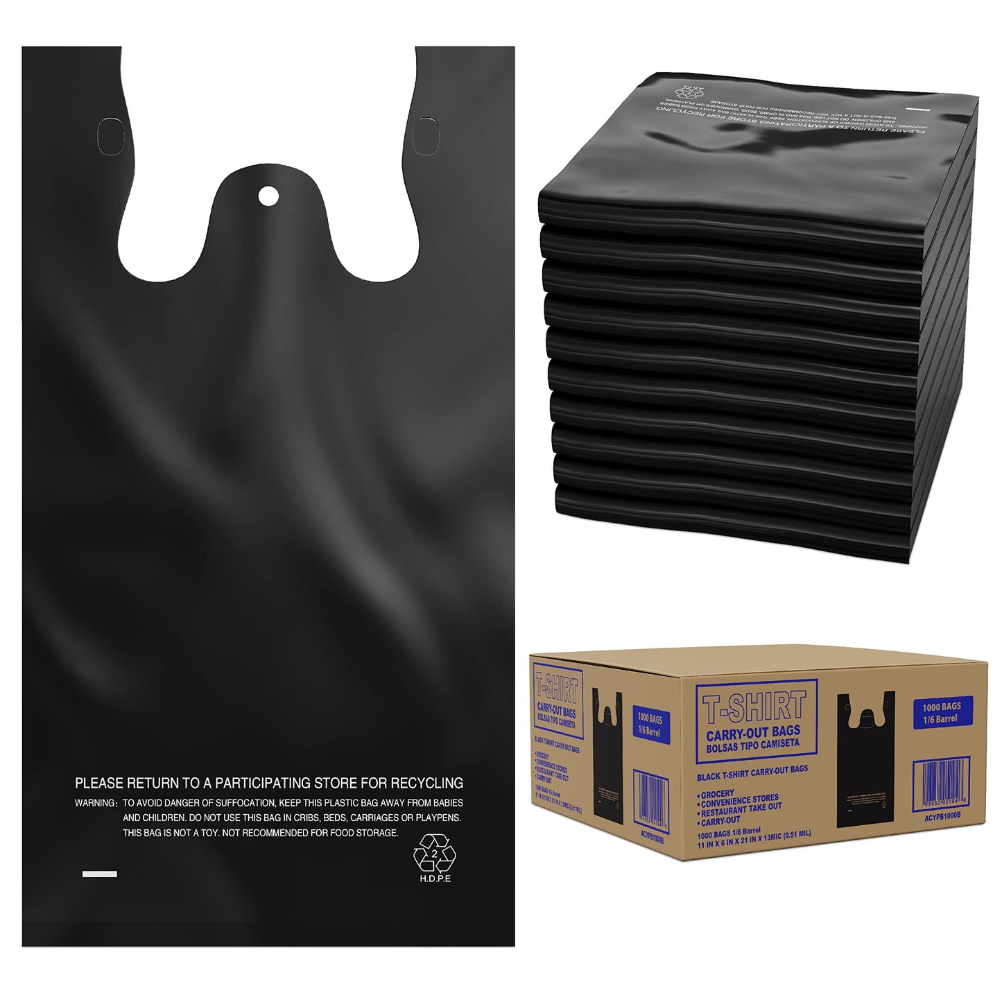 ACYPAPER, Black T-Shirt Bags in Bulk - 1000 Count - (11" x 6" x 21") - Restaurant Carryout Bags