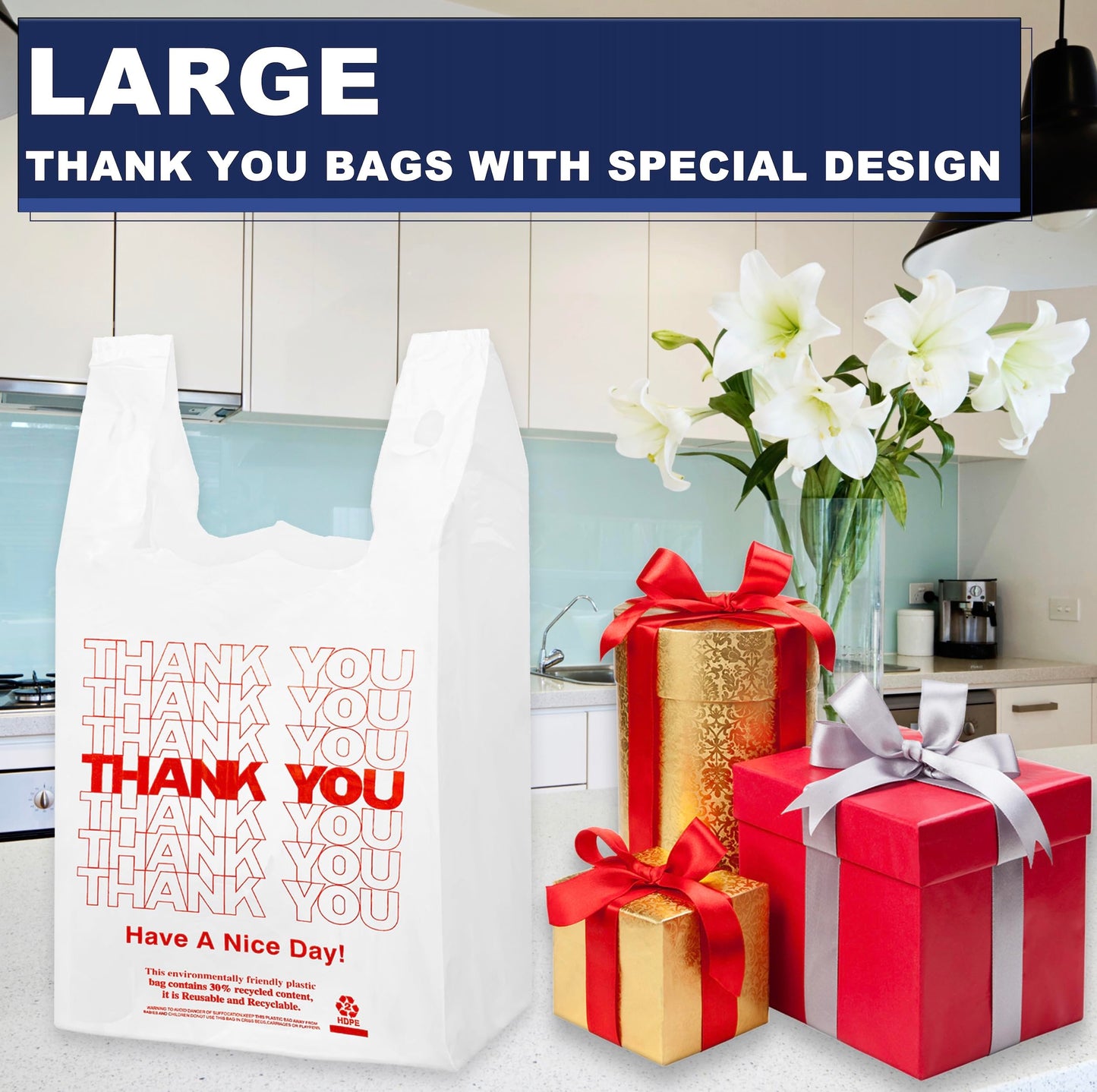 1000 Count White Disposable Thank You Bags with Handles - 11''x6''x21'' Plastic Carry Bags for Retail/Supermarket