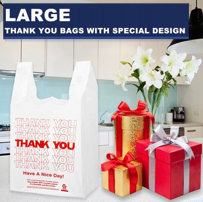 1000 Count White Disposable Thank You Bags with Handles - 11''x6''x21'' Plastic Carry Bags for Retail/Supermarket