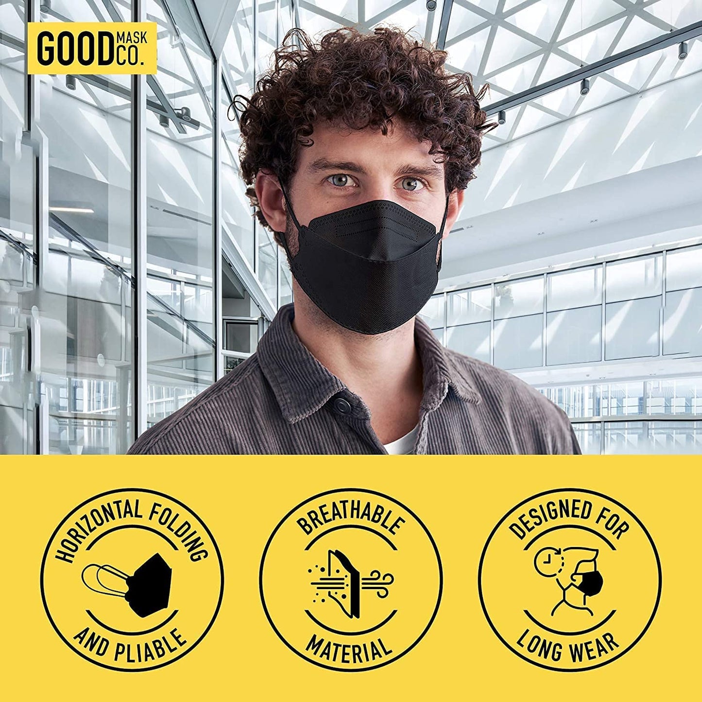 Good Mask Co. Good Comfort KN95 Face Mask, Disposable, Folding, Comfortable, Bulk (25 Pack, Black)