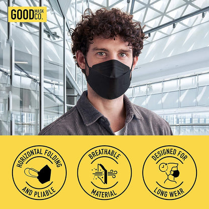 Good Mask Co. Good Comfort KN95 Face Mask, Disposable, Folding, Comfortable, Bulk (25 Pack, Black)