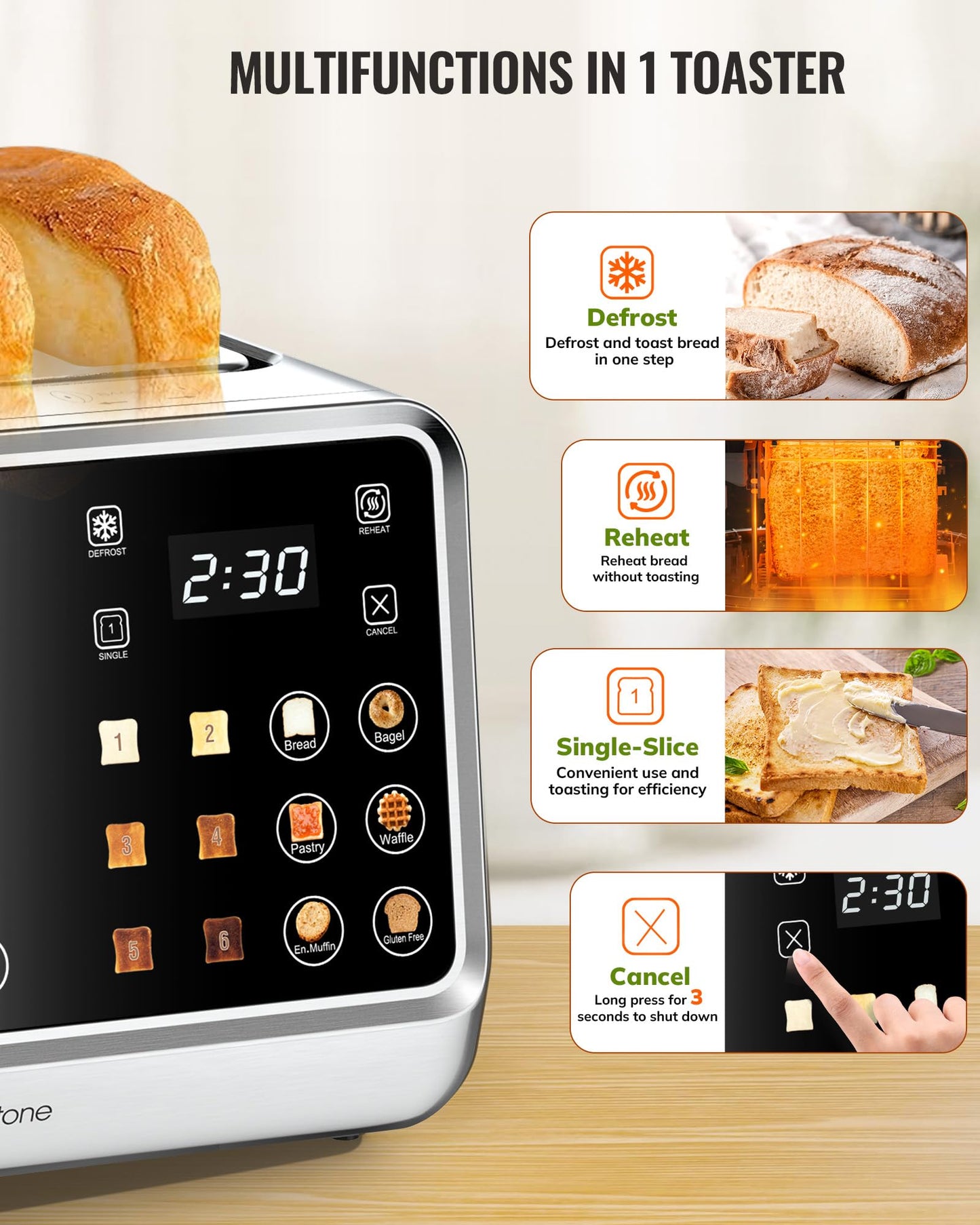 Keenstone Toaster 4 Slice, Digital Smart Toaster with TouchScreen, Dual Control Panel, Single Slot Toasting, Timer, Reheat & Defrost for Bagels, Bread, Waffles, Stainless Steel Kitchen Essentials