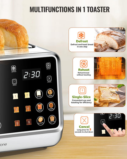 Keenstone Toaster 4 Slice, Digital Smart Toaster with TouchScreen, Dual Control Panel, Single Slot Toasting, Timer, Reheat & Defrost for Bagels, Bread, Waffles, Stainless Steel Kitchen Essentials