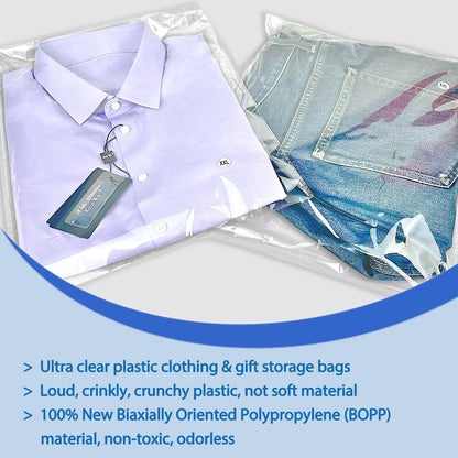 PigPotParty 12" x 15" Clear Plastic T-Shirt Bags with Clothing Size Stickers, 100 Pcs Cellophane Shirt Sleeves Packaging Bags for Small Business, Thick, Self-adhesive & Resealable