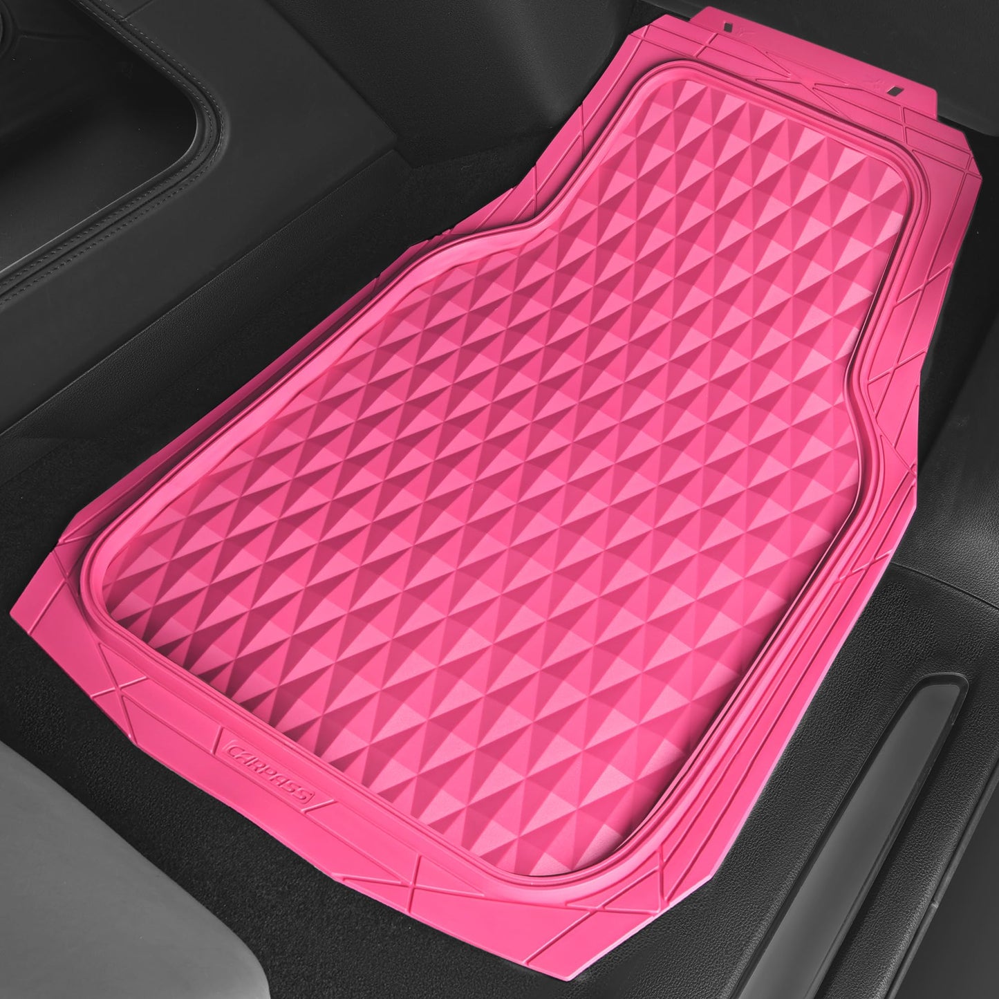 CAR PASS Heavy Duty Rubber Pink Car Floor Mats, Deep Dish All-Weather Full Set Durable Anti-Slip 3D Rhombus Waterproof Trim to Fit Liner Universal Fit Automotive,Sedan,SUV,Truck, 3 Pcs Hot Pink