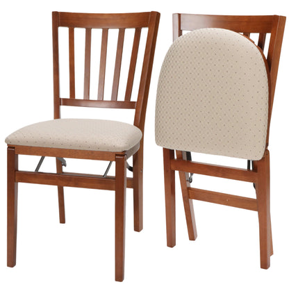 MECO Stakmore School House Wooden Folding Chairs with Padded Seats, Set of 2 - No Assembly Foldable Dining Chairs, Steel Folding Mechanism, Upholstered Cushion, Space-Saving, Fruitwood Frame