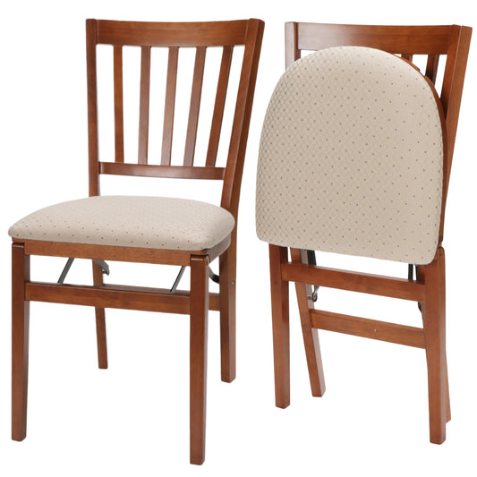MECO Stakmore School House Wooden Folding Chairs with Padded Seats, Set of 2 - No Assembly Foldable Dining Chairs, Steel Folding Mechanism, Upholstered Cushion, Space-Saving, Fruitwood Frame