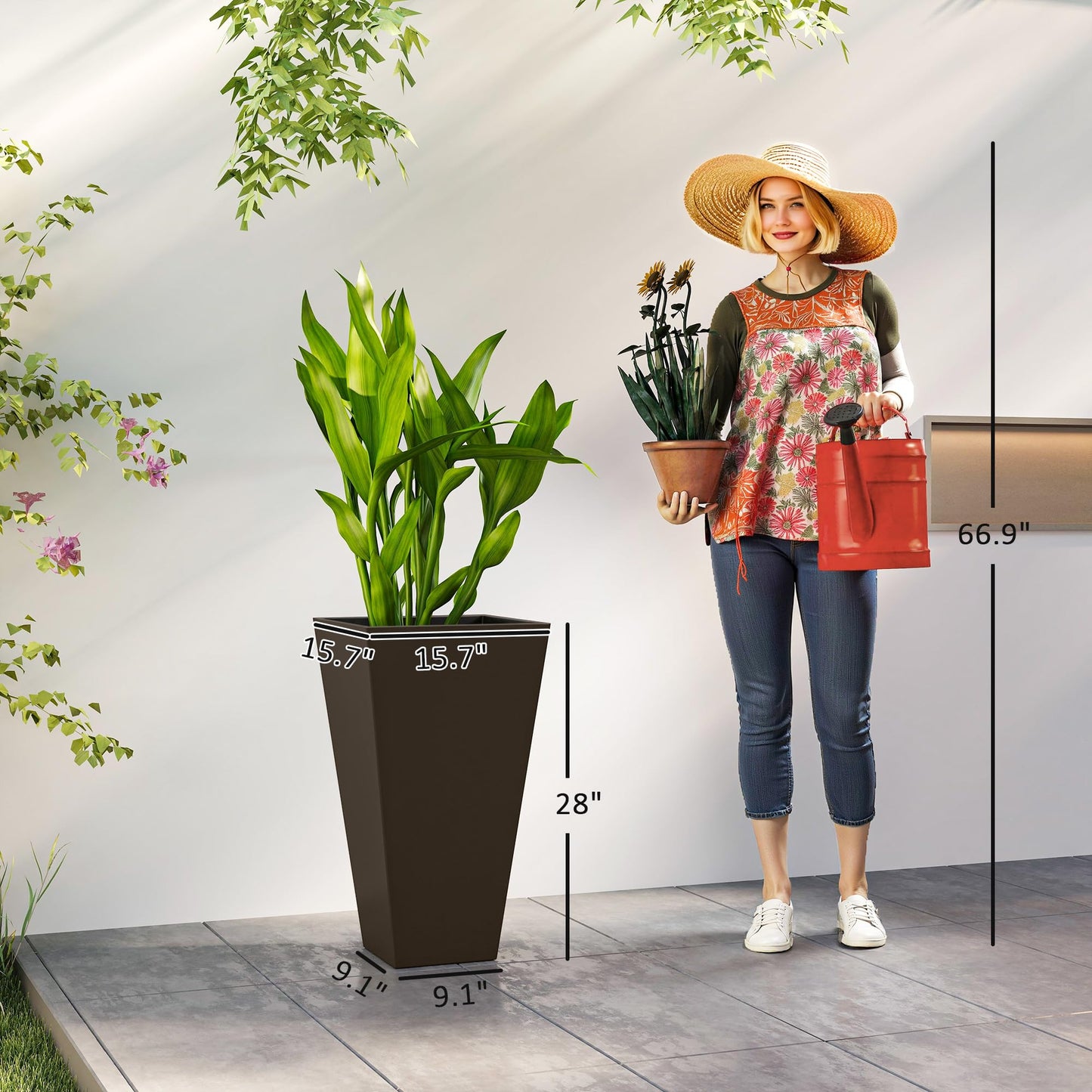 Outsunny Tall Planters for Outdoor Plants Set of 3, 28 in Taper Planters with Drainage Holes, Indoor Grande Plant Pots, Front Porch Decor, Brown