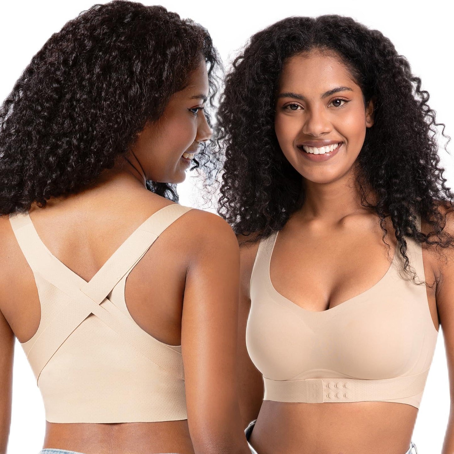 Posture Bra for Women Wireless Push Up Bralette Full Coverage Back Support Brasieres, Beige, L