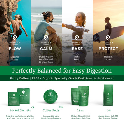 Purity Coffee EASE Dark Roast Low Acid Organic Coffee - USDA Certified Organic Specialty Grade Arabica Single-Serve Coffee Pods - Third Party Tested for Mold, Mycotoxins and Pesticides - 12 ct Box