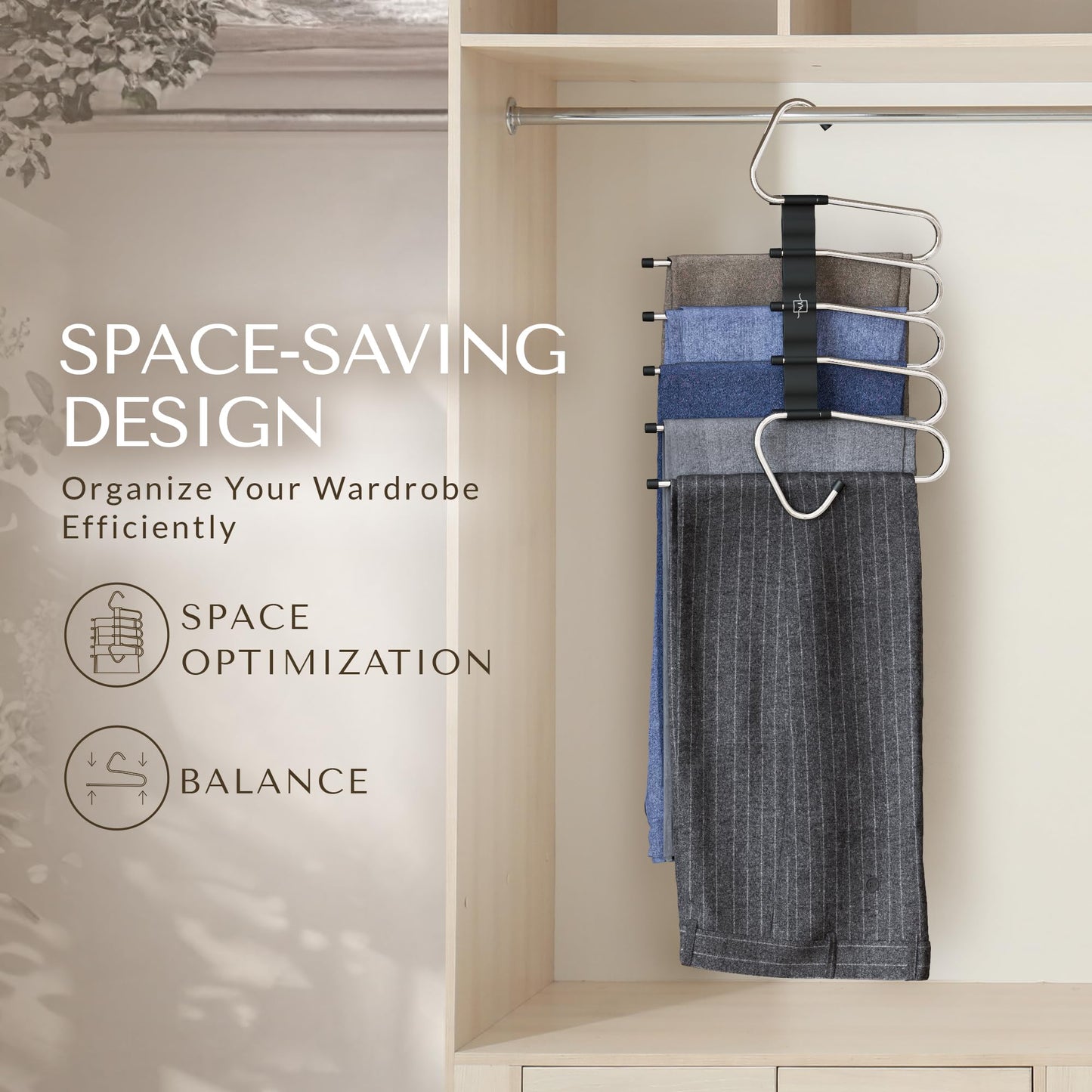 MORALVE Pants Hangers Space Saving - 2 Pack - Non-Slip Multi-Layer Space Saving Hangers - Multifunctional Clothing Rack for Closet Storage - Ideal for Jeans, Trousers, Skirts, Scarves & Slacks (Black)