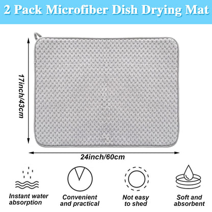 2 Pack Microfiber Dish Drying Mat,24*17 inch Absorbent Dish Drainer Kitchen Counter,Large Size Dish Drying Pad for Countertops,Sinks,Draining Racks(Gray)