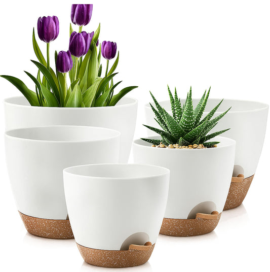 Giraffe Creation Plant Pots Set of 5 (10/9/8/7.5/7 inch), Self-Watering Indoor & Outdoor Flower Planters with Drainage Hole and Reservoir, White