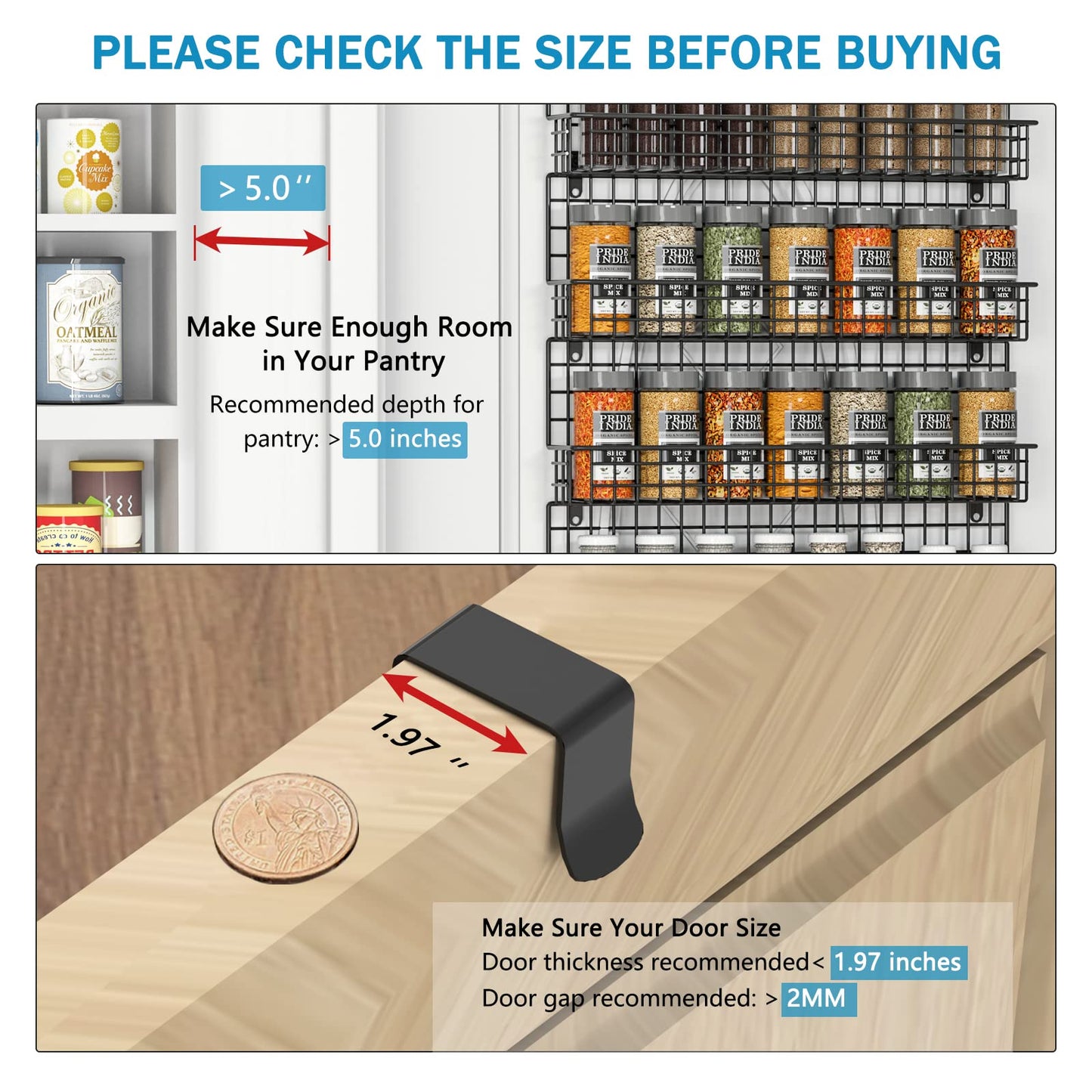 JKsmart 6-Tier Spice Rack Organizer with Door Hook, Wall Mounted & Over the Door Spice Racks for Kitchen Pantry Door Cabinet, Two Size, Large Capacity, Black