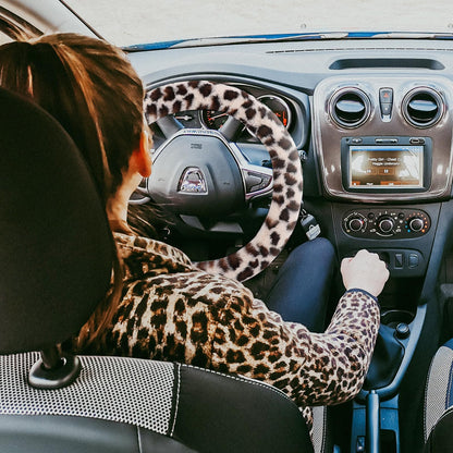 Fuzzy Steering Wheel Cover for Women Girls, Accmor Universal Fit 15 inch Fur Car Wheel Cover & Handbrake Cover & Gear Shift Cover Set, Fashion Leopard Winter Warm Fluffy Vehicle Wheel Protector