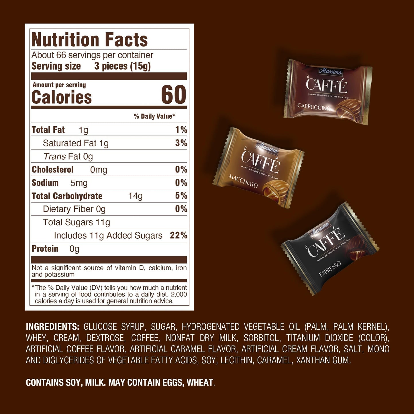 Maestro Massimo Center Filled Hard Pocket Coffee Candy, 3mg Caffeine per Candy, Individually Wrapped, Macchiato, Espresso, Cappuccino Flavored, 2.2 Pound Bulk Bag - Pack of 1