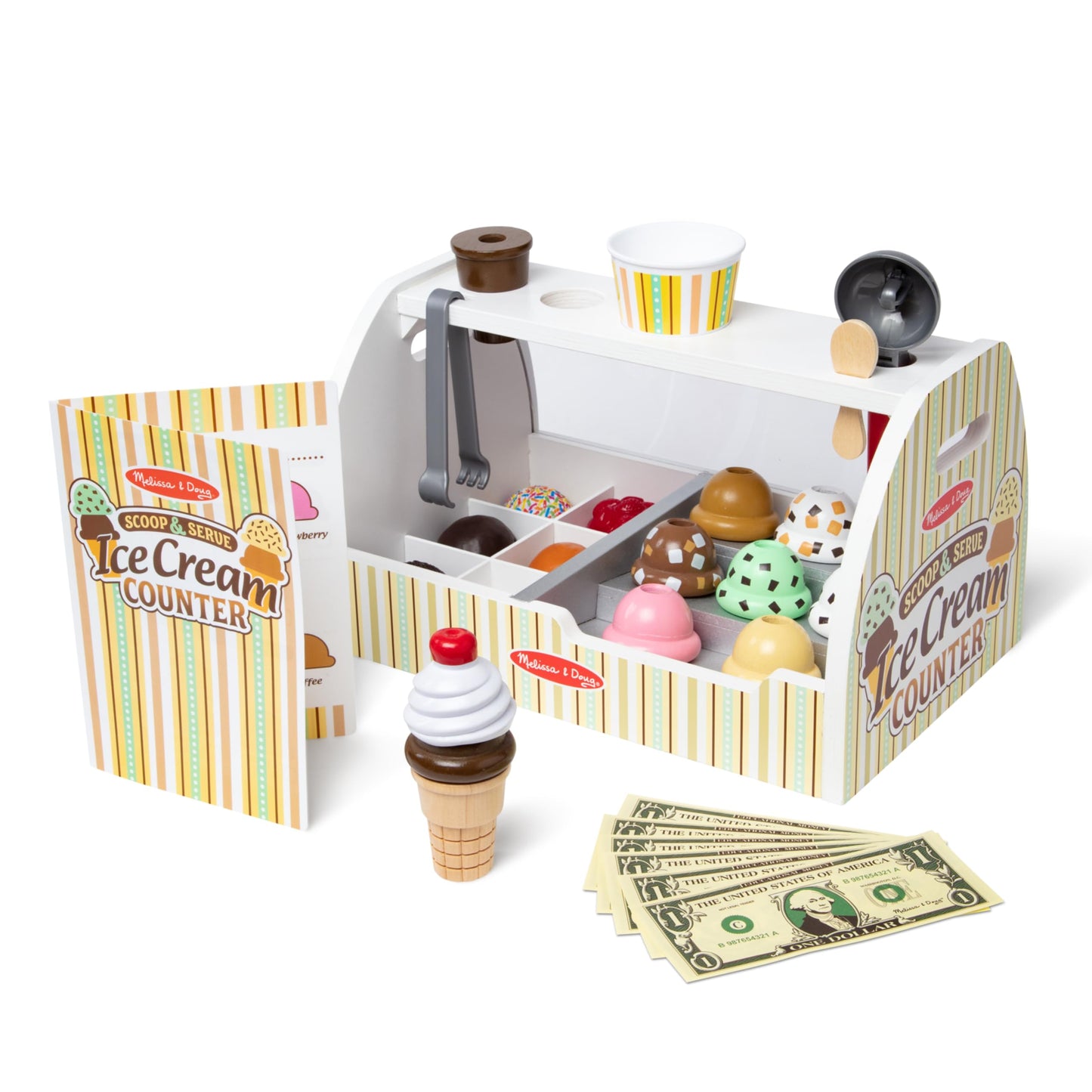 Melissa & Doug Wooden Scoop & Serve Ice Cream Counter, Pretend Play Store, 28 Toy Food & Play Kitchen Accessories, Preschool Toys for Girls & Boys 3+