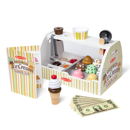 Melissa & Doug Wooden Scoop & Serve Ice Cream Counter, Pretend Play Store, 28 Toy Food & Play Kitchen Accessories, Preschool Toys for Girls & Boys 3+