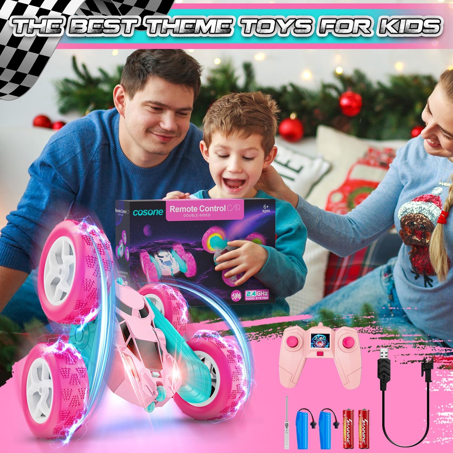 Pink Remote Control Car for Girls - RC Stunt Cars with 4WD Double-Sided Driving 360° Flips Rotating, Off Road Remote Car Outdoor Toys for Kids Age 6 7 8-12, Christmas Birthday Gifts