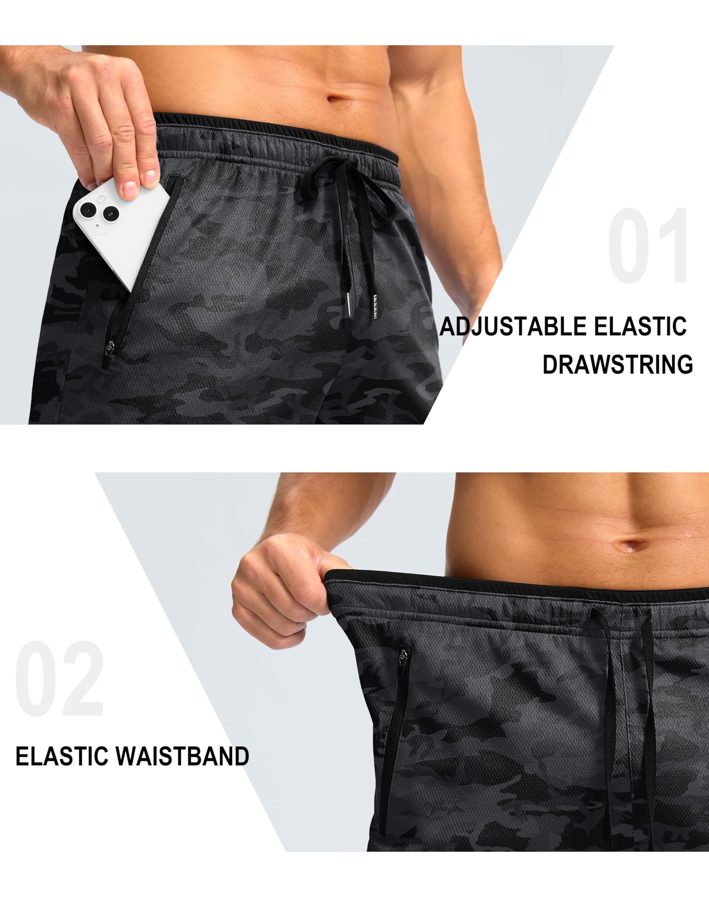 G Gradual Men's Gym Shorts wtih Zipper Pocket 9" Athletic Basketball Mesh Shorts for Men Workout Quick Dry Lightiweight(Grey Camo,L)