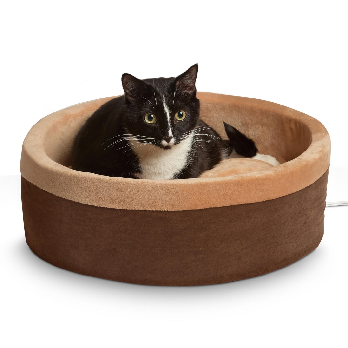 K&H Pet Products Thermo-Kitty Bed Heated Cat Beds for Large Indoor Cats & Dogs, Calming Warming Pillow Pet Bed, Machine Washable, Removable Heater, Safety Listed - Large 20" Round Mocha/Tan