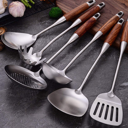 GXONE Cooking Utensils Set,7pcs 304 Stainless Steel Kitchen Utensils Set with Holder,Heat Resistant Wooden Handle Kitchen Tools