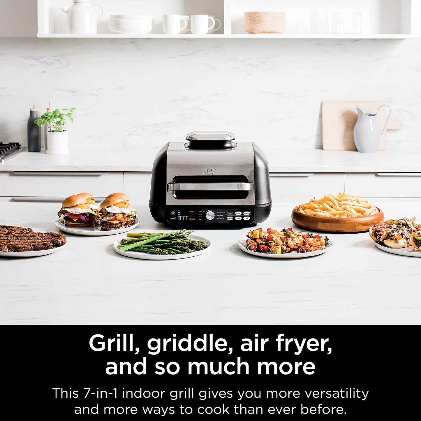Ninja IG651 Foodi Smart XL Pro 7-in-1 Indoor Grill/Griddle Combo, use Opened or Closed, Air Fry, Dehydrate & More, Pro Power Grate, Flat Top, Crisper, Smart Thermometer, Black