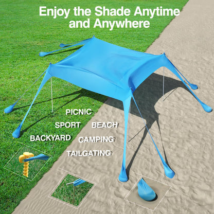 Rhino Valley Beach Tent, 10 x 10 FT Beach Shade UPF50+ Protection, Beach Canopy with 8 Sandbags 4 Stability Poles, Outdoor Beach Tent Sun Shelter Umbrella for Sand,Camping,Fishing Essentials, Sky Blue