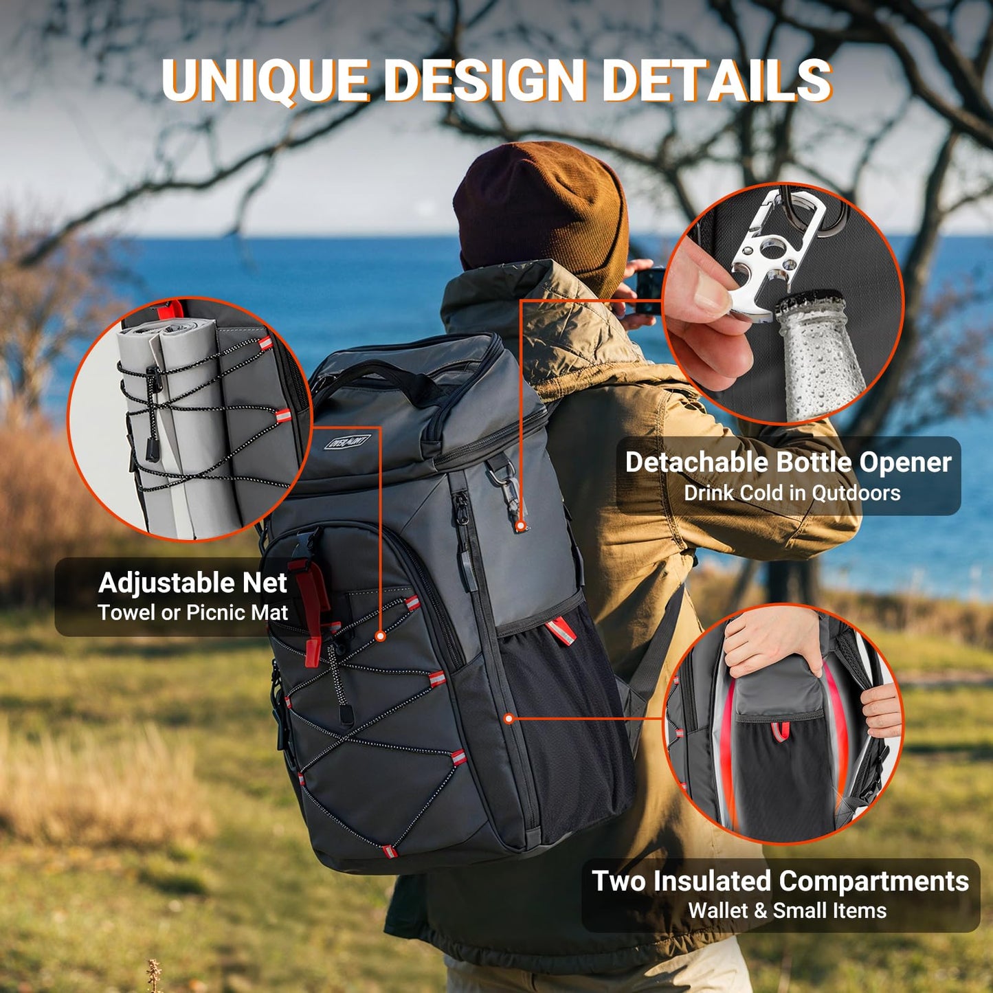 Overmont Insulated Leakproof Backpack Cooler - 30 Cans Soft Lunch Cooler Bag for Men Women - Portable Waterproof Camping Coolers for Outdoor Travel Beach Picnic Hiking