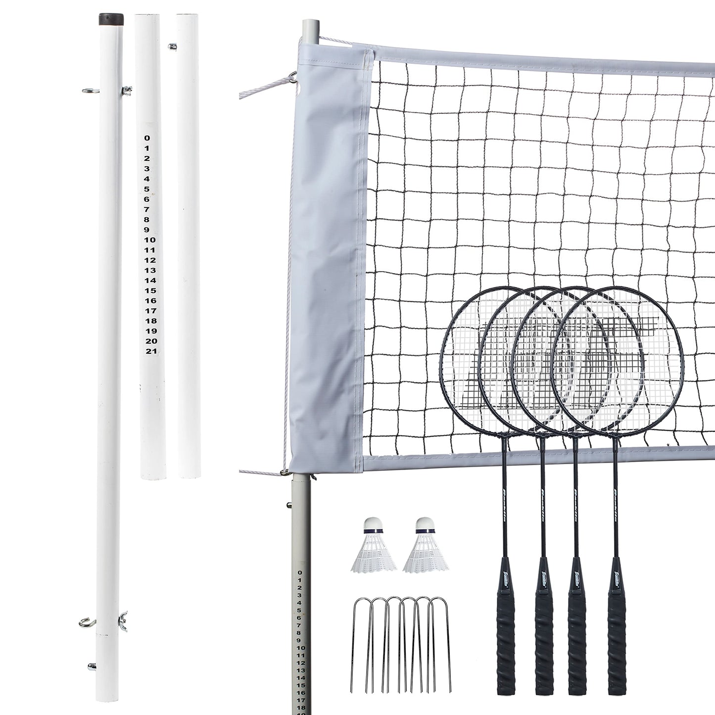 Franklin Sports Badminton Net Set - 4 Aluminum Rackets, 2 Birdies, Adjustable Net and Stakes - Backyard or Beach Badminton Set - Easy Setup - Professional