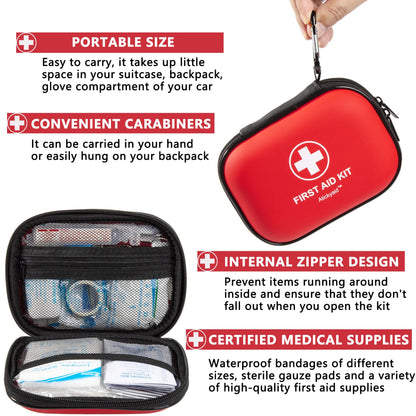 Mini First Aid Kit - 120 Piece Small Waterproof Hard Shell Medical Kit for Car, Home, Office, Travel, Camping, Sports, Outdoor, School - Emergency First Aid Supplies and Survival Kit (Red)