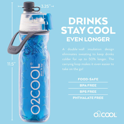 O2COOL Arctic Squeeze Mist 'N Sip Insulated Bottle w/Silicone Spout Cover And Locking Misting Function - 20 oz, Crackle Blue