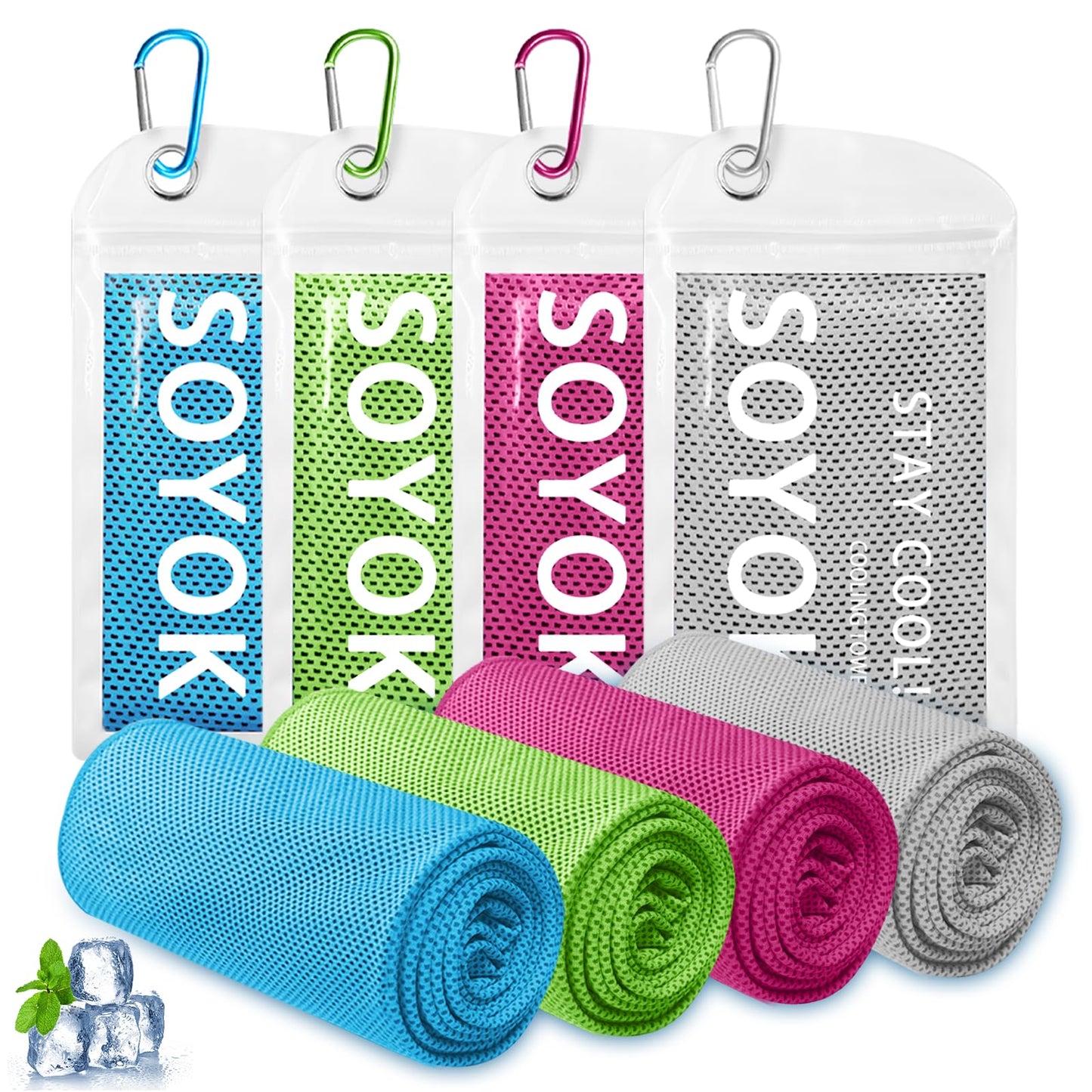 4 Packs Cooling Towel, 40" x 12" Microfiber Cooling Towels for Neck and Face, Soft Breathable Gym Towel for Working Out with Waterproof Bag & Carabiner, Sweat Towels for Running, Yoga, Travel, Climb