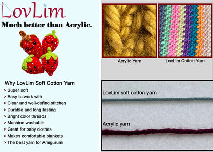 LovLim Crochet Yarn kit, 24 Soft Cotton Yarn skeins, 1500+ Yards, for Crochet and Knitting, Craft DK Yarn, Free Crochet/Amigurumi Patterns, Perfect Starter kit