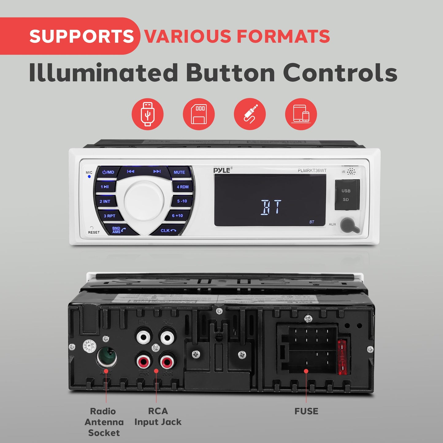Pyle Marine Receiver & Speaker Kit - In-Dash LCD Digital Stereo Built-in Bluetooth & Microphone w/ AM FM Radio System 5.25’’ Waterproof Speakers (2) MP3/USB/SD Readers & Remote Control - PLMRKT36WT