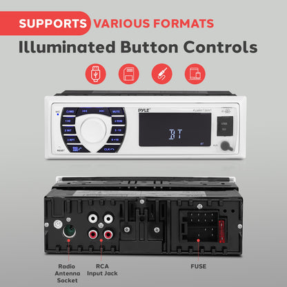 Pyle Marine Receiver & Speaker Kit - In-Dash LCD Digital Stereo Built-in Bluetooth & Microphone w/ AM FM Radio System 5.25’’ Waterproof Speakers (2) MP3/USB/SD Readers & Remote Control - PLMRKT36WT